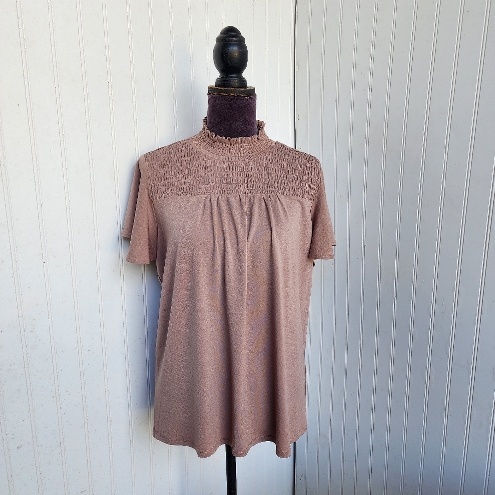 Adrianna Papell Short Sleeve Beige Ruffle Mock Neck Smocked Stretch Top Shirt L